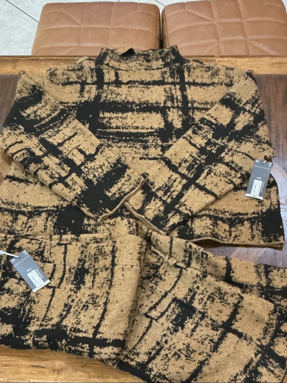 Matching Plus Size Worthington Tan and Black Crewneck Sweater and skirt